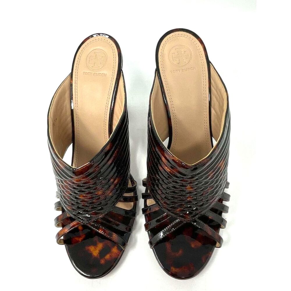 Tory Burch Brida Tortoiseshell Patent Leather Strappy Mule Heels Size 11M - Picture 3 of 10